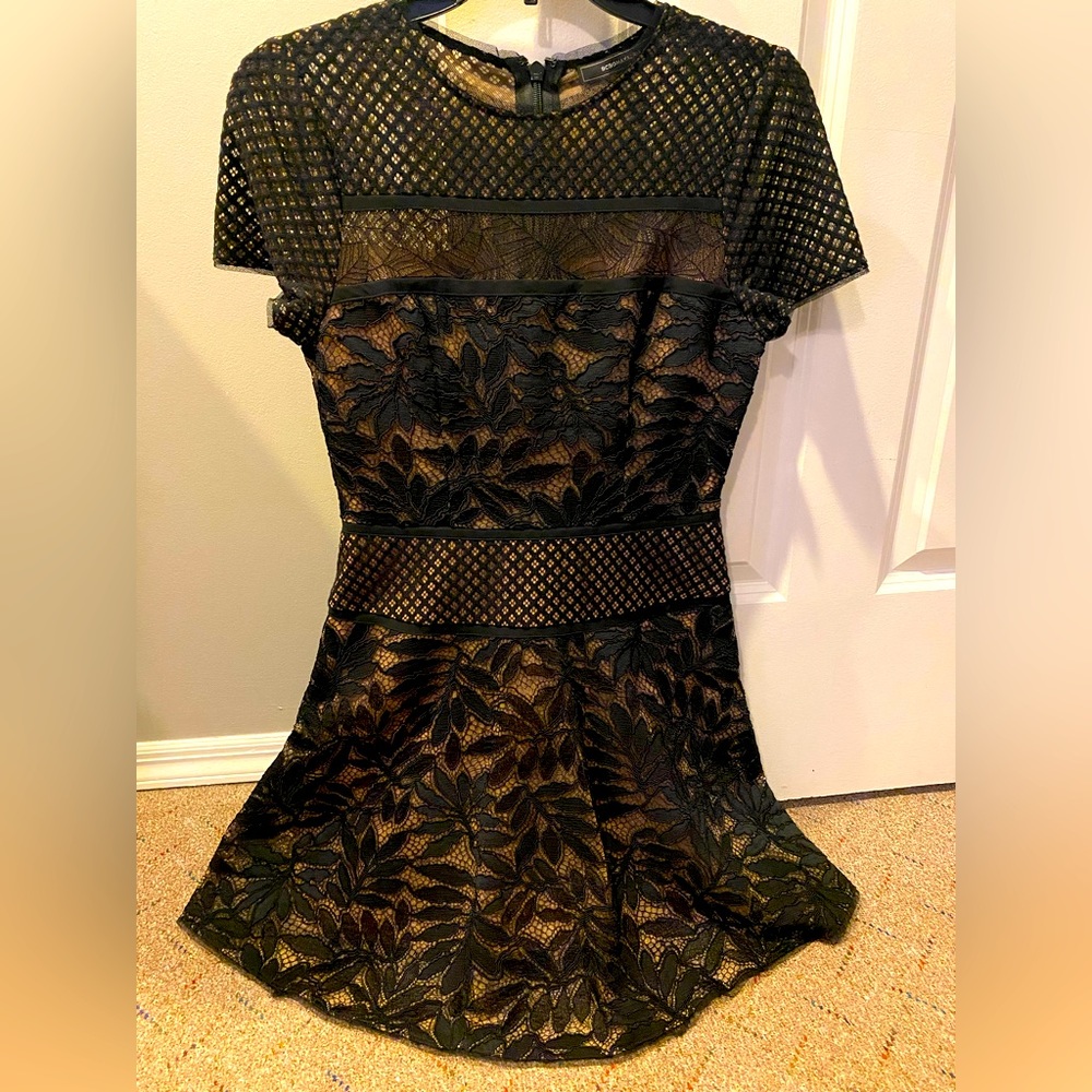 BCBG Maxazria tiered black and nude lace. Fit & flare cocktail dress